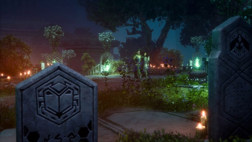 screenshot of rook and emmrich from dragon age the veilguard, walking arm in arm in the memorial gardens of the necropolis