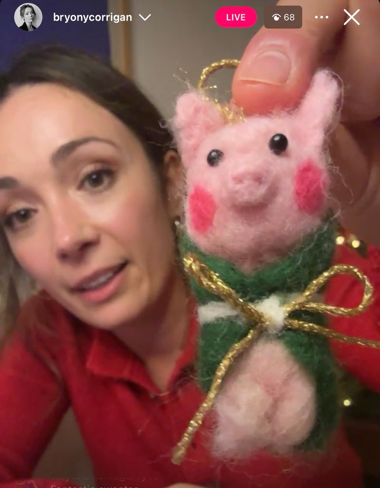 Photo of Bryony Corrigan (rook in dragon age the veilguard) holding up a needlepoint felt pig in a Christmas jumper)