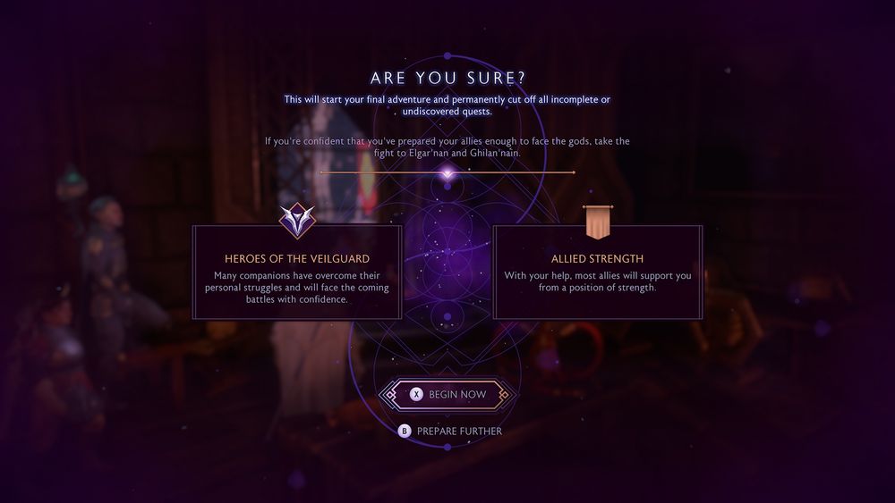 screenshot from dragon age the veilguard, advising this is the point of no return for the main story