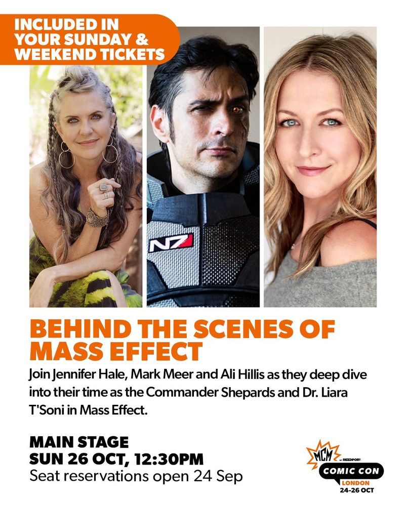 announcement of a panel with jennifer hale, mark meer and ali hillis at convention MCM london october 2025