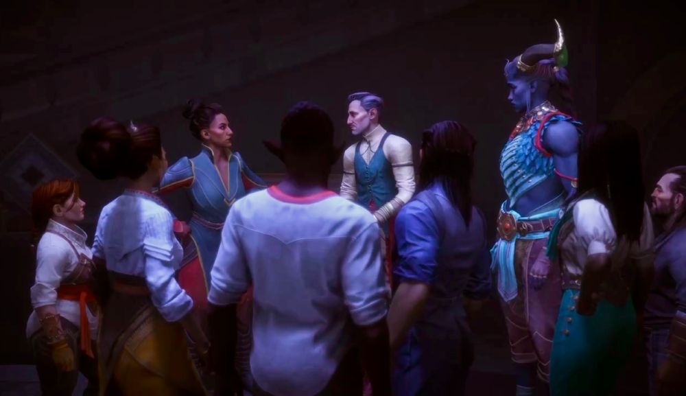 screenshot from dragon age the veilguard of all companions and rook. everyone has their backs to the camera except rook, emmrich and taash, who are in ascending height order in gaps between the other companions
