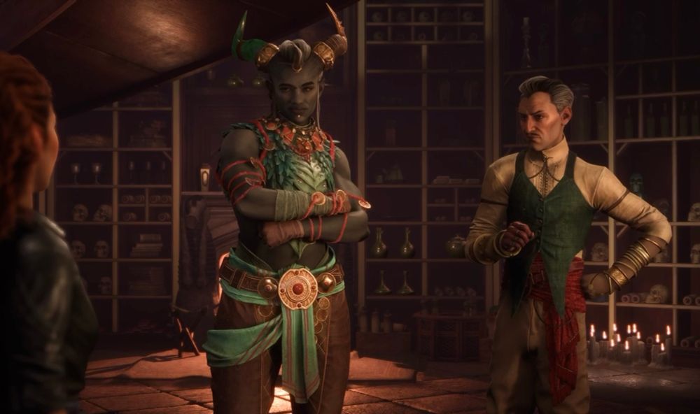 Screenshot of taash and Emmrich from dragon age the veilguard 
