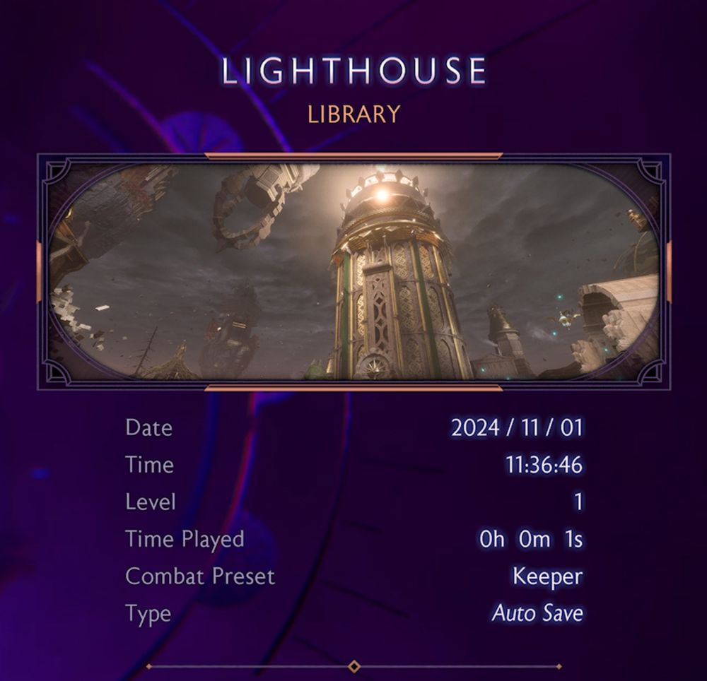 Screenshot from dragon age the veilguard showing rook’s location as the lighthouse, play time 0 hours, 0 minutes, 1 second. Somehow