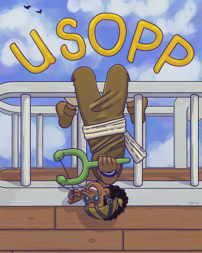 Usopp hanging by his legs from the railing about to use his slingshot, smirking 😏 