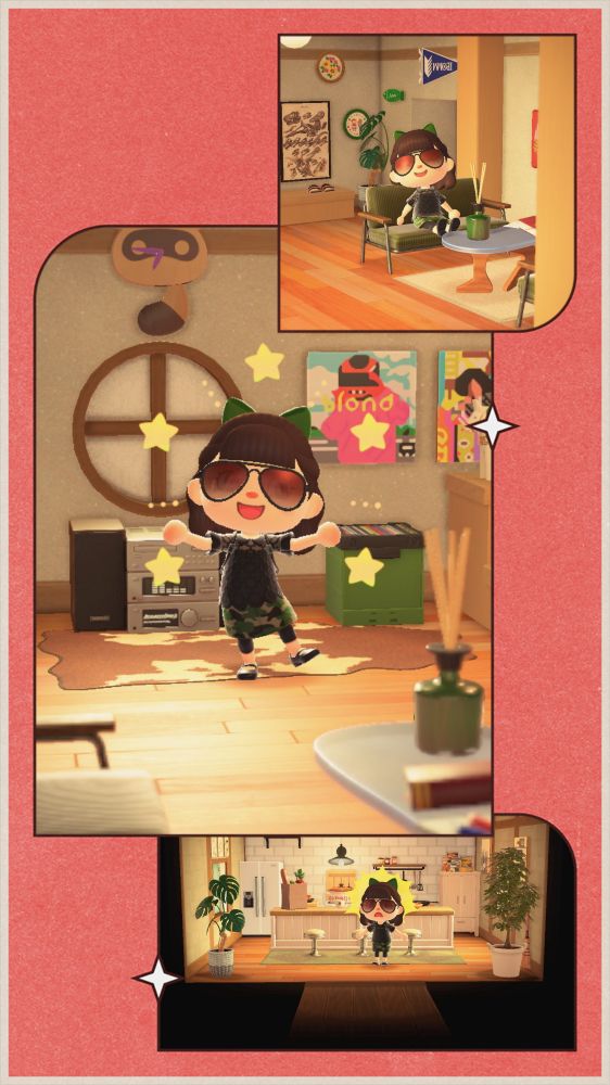 a collage of pictures showcasing the inside of a house in the island naranja
top picture shows my animal crossing character sitting on a green couch in front of a blue coffee table
the middle picture is my animal crossing character standing in front of a large floor stereo with a box of records next to it
and the bottom picture is my animal crossing character standing at the entryway of a white kitchen