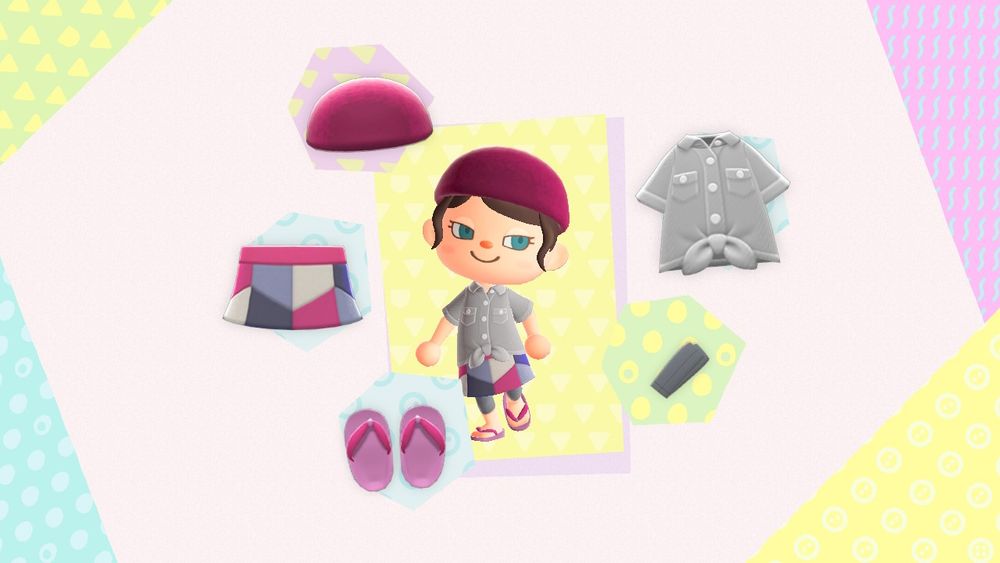 my animal crossing character is wearing a dark magenta tied doo rag , short sleeves light grey button down shirt tied in the front bottom , a patchwork short skirt made of various colors including magenta and grey , dark grey leggings , and dark pink flip flops