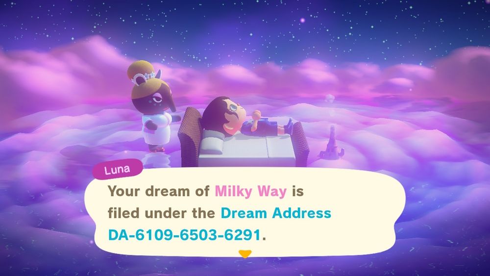 my animal crossing character lies on a brown rattan bed with cream colored sheets
the bed is in a dream void made of pink clouds and a purple night sky with white stars
a brown anthropomorphic ant eater with yellow hair stands at the headboard of the bed and says ' your dream of milky way is filed under da - 6109 - 6503 - 6291
