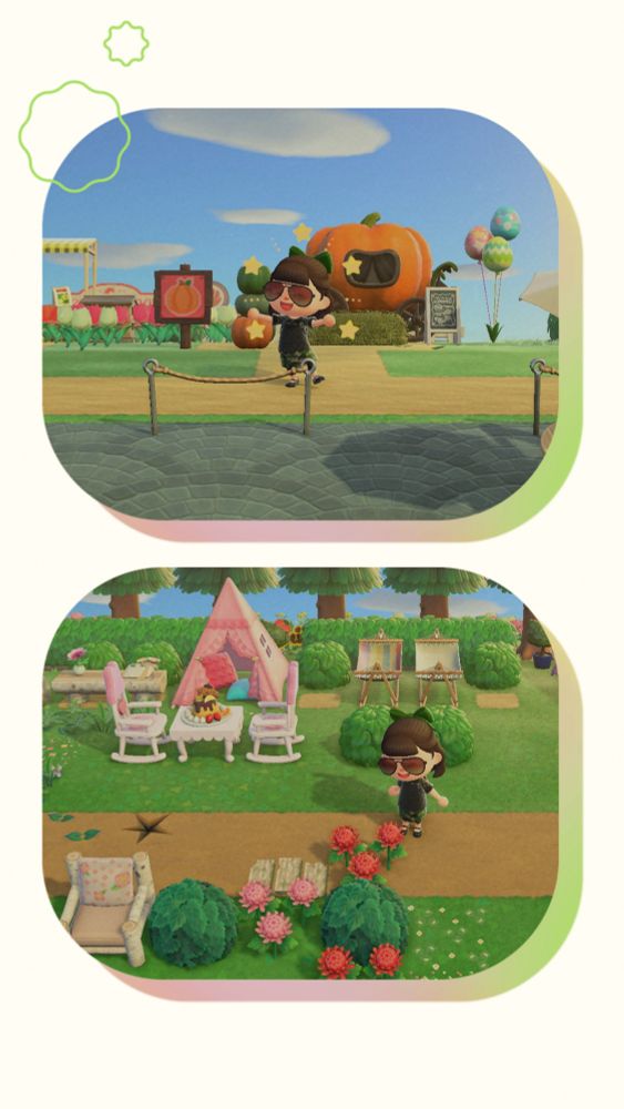 two pictures in a column 
the top one is my animal crossing character standing in front of a pumpkin patch that has a giant pumpkin horse carriage in it
the bottom one is a cutesy camp grounds with pink teepee tents , rocking chairs , and tables with tea sets on themw