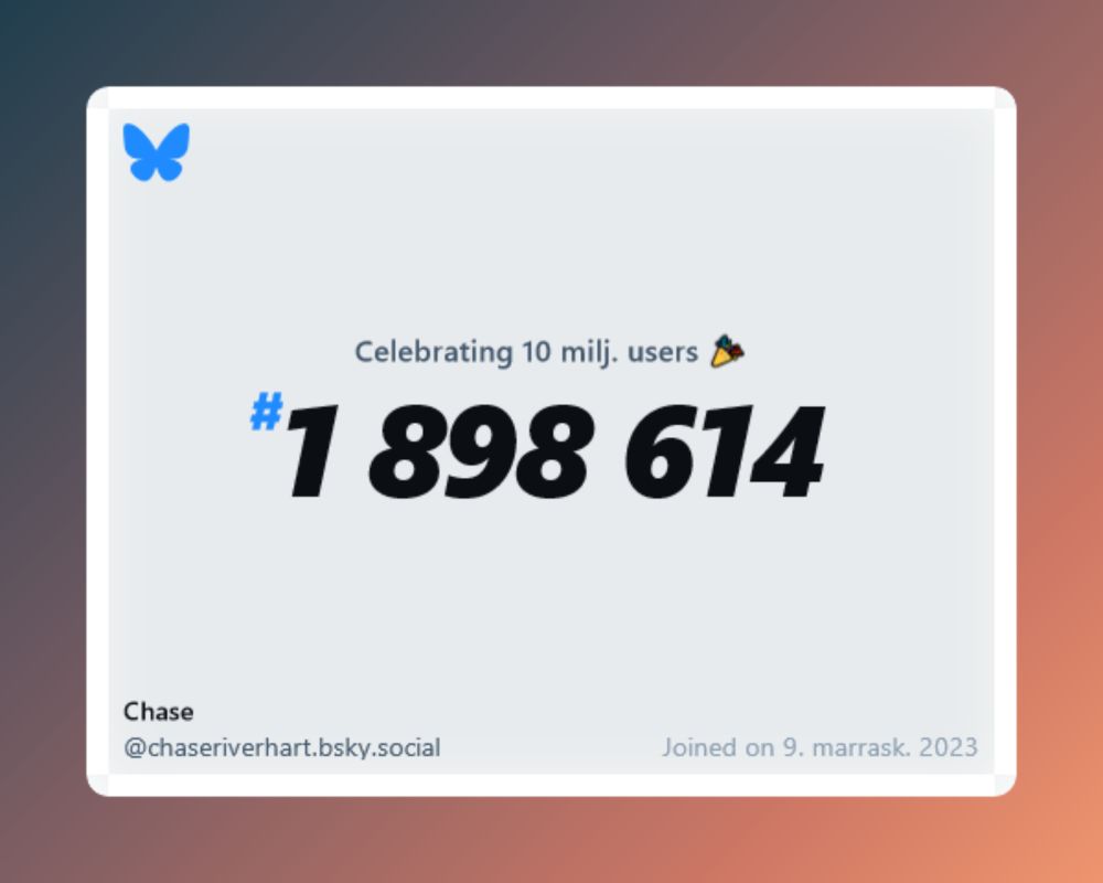 A virtual certificate with text "Celebrating 10M users on Bluesky, #1 898 614, Chase ‪@chaseriverhart.bsky.social‬, joined on 9. marrask. 2023"