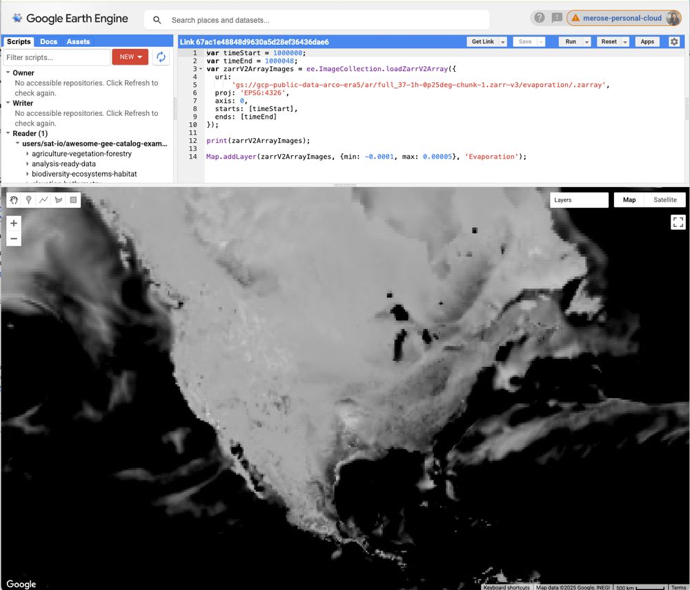 The Google Earth Engine code editor displaying an evaporation map loaded directly from ARCO-ERA5! The black and white map overlooks the continental US. It's easy to make out land masses, but there are also cloud-looking visuals on the map.