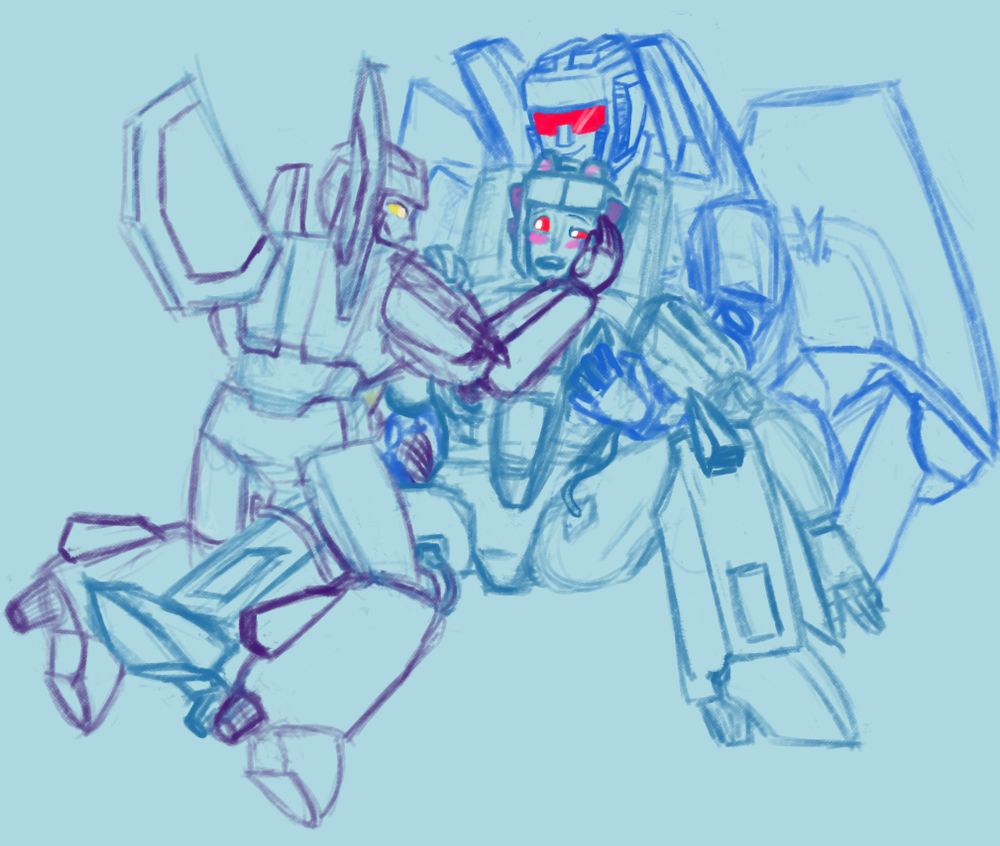 Decepticons: Skywarp, Starscream and Thundercracker doing plug'n'play threesome. Starscream has extatic expresion, his legs are spread open, Skywarp is sitting on his left knee and cupping Starscream's cheek with his right hand. Thunderscracker is sitting right behind Starscream, grasping his boob (or robot equivalent of it). Skywarp's thigh is connected to Starscream thigh with a cable. Starscream's other thigh is connected to Thundercracker's wrist. TC and Skywarp are also holding hands behind Starscream's back.