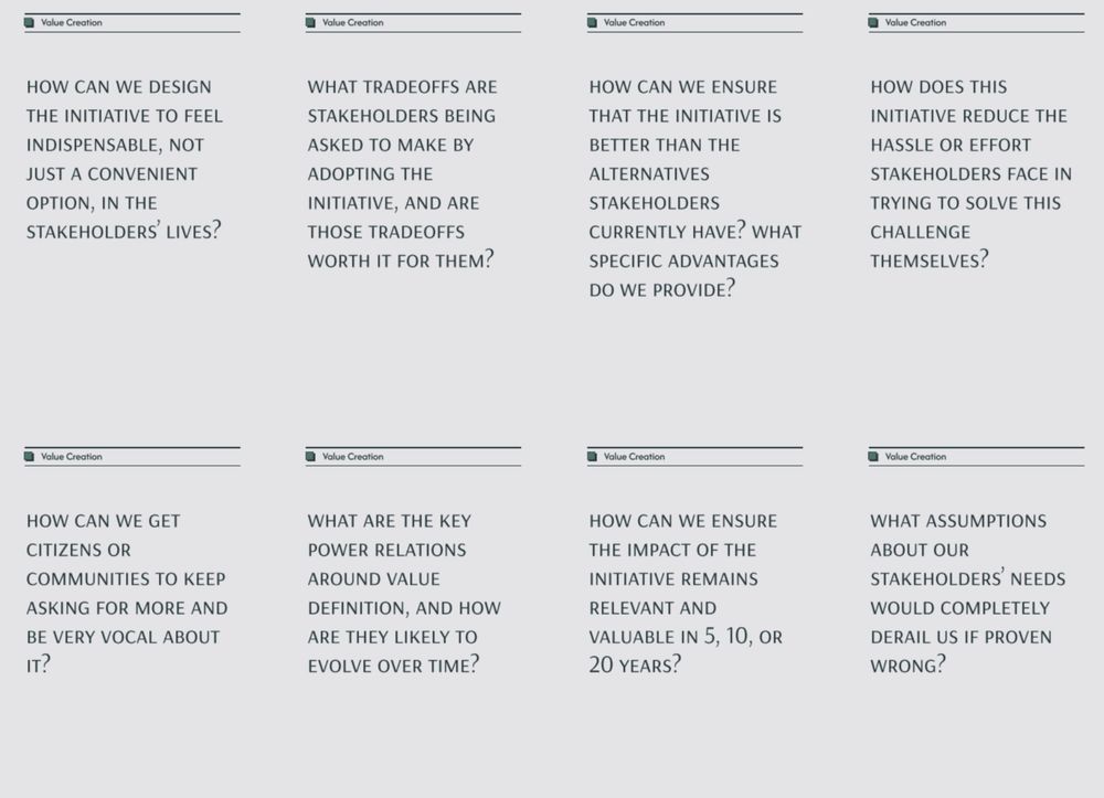 Playing cards with questions on them such as:
• how can we design the initiative to feel indispensable, not just a convenient option, in the stakeholders’ lives?
• what tradeoffs are stakeholders being asked to make by adopting the initiative, and are those tradeoffs worth it for them?
• how can we get citizens or communities to keep asking for more and be very vocal about it?
• what are the key power relations around value definition, and how are they likely to evolve over time?