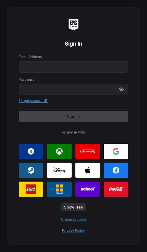 epic games sign in screen, with greggs, yahoo, and coca-cola added as single sign on options, alongside the pre-existing playstation, xbox, nintendo, google, steam, disney, apple, facebook, and lego