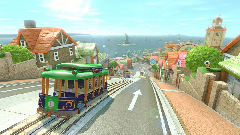 the straight downhill road at the end of toads harbour from mario kart 8