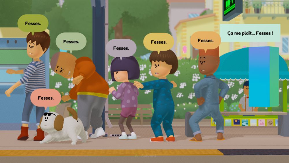 La dernière ligne de dialogue du jeu To A T : les personnages montrent leur popotin en disant "fesses"
