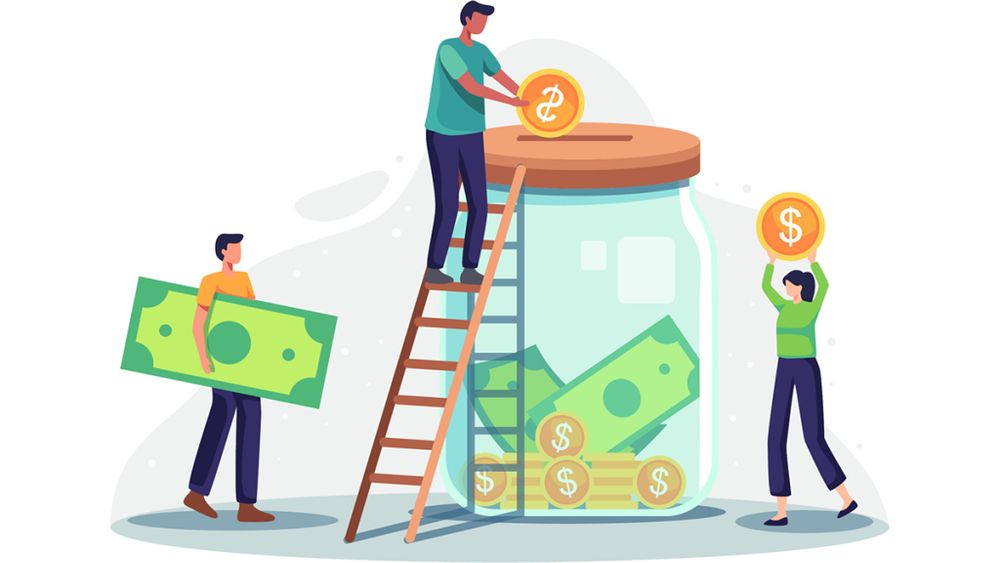 Some cartoon people put cartoon money in a big cartoon jar.