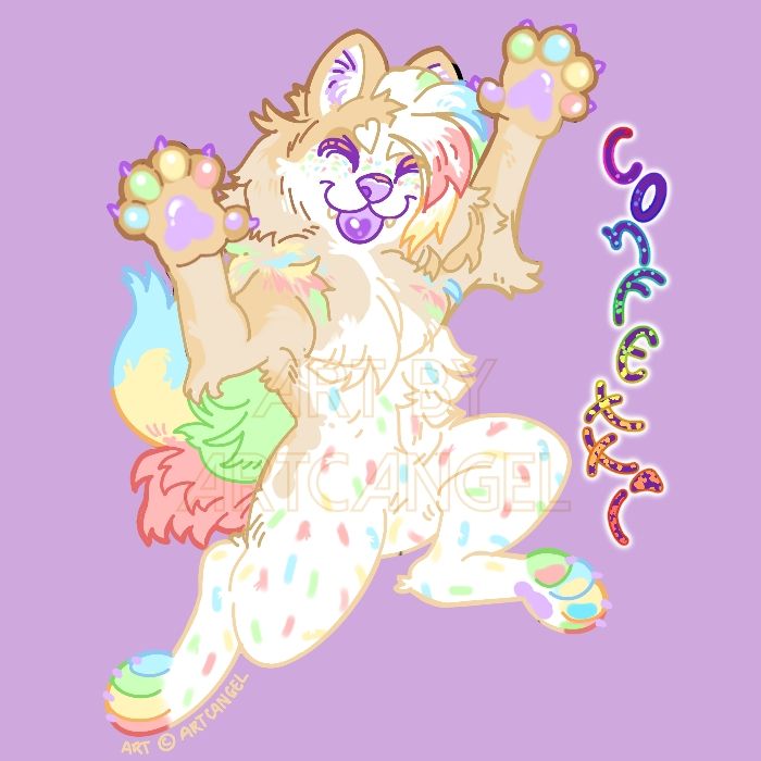 Anthro cartoony drawing of a dog. There's a label with the dog's name, it reads "confetti". The dog is confetti themed, with pastel colors 