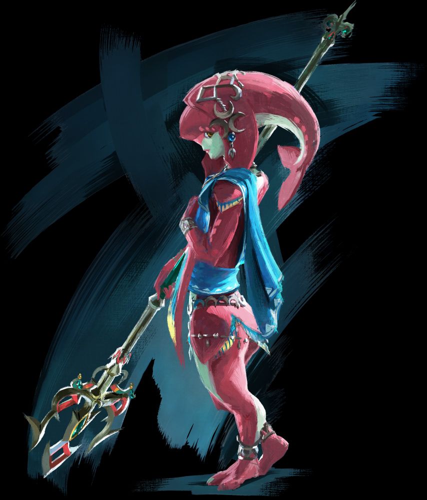 Official art of mipha from the game breath of the wild. She is holding a trident while pointing it down almost effortlessly. Her back is mostly facing the viewer but you can see her left hand is placed on her chest, over her heart.  
