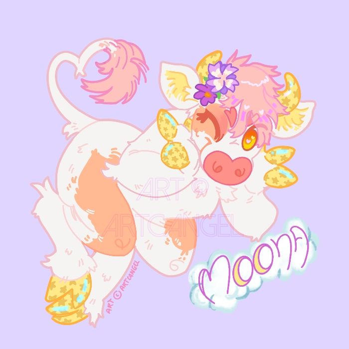 Anthro art of a cow, she is white with peach colored spots. Hooves are yellow with stars. She is looking at the user. The drawing also has a label with her name, it reads "moona" 