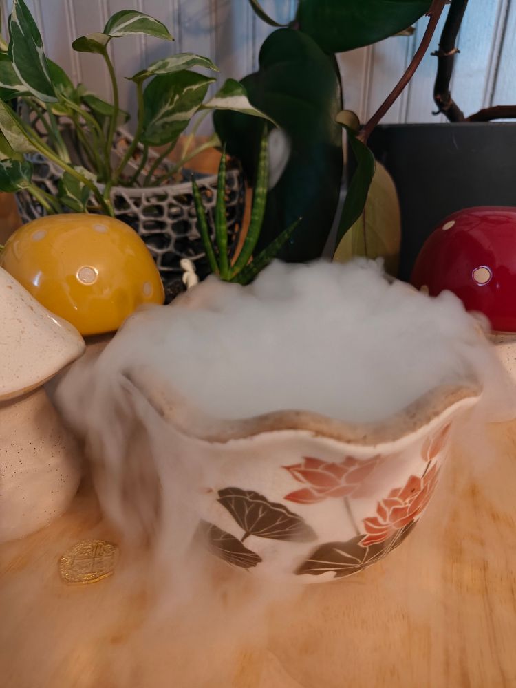 Dry ice steam billowing out of a floral decorative pot with ceramic mushrooms and plants in the background.