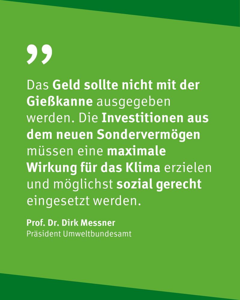 UBA-Präsident Dirk Messner: "Das Geld sollte nicht mit der Gießkanne ausgegeben werden. Die Investitionen aus dem neuen Sondervermögen müssen eine maximale Wirkung für das Klima erzielen und möglichst sozial gerecht eingesetzt werden."