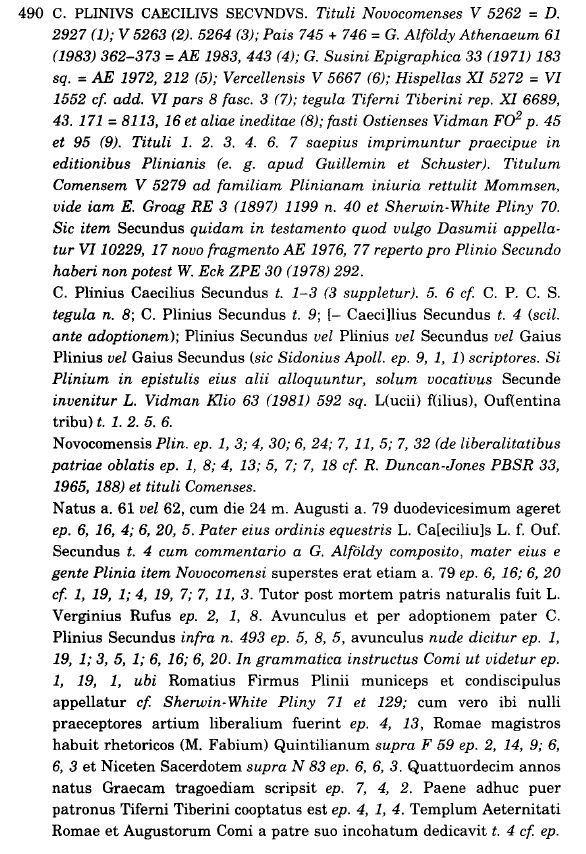 A page from the PIR, showing the beginning of the entry for C. Plinius Caecilius Secundus (Pliny the Younger). All of the text is in Latin.