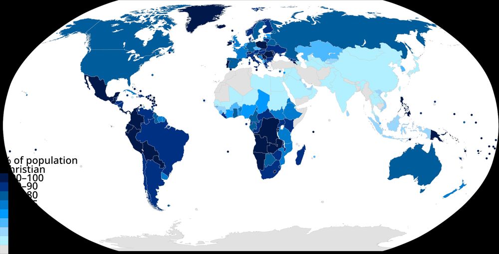From wikipedia, a map of the percentage of each country that is Christian, including all of South America and huge portions of Africa.