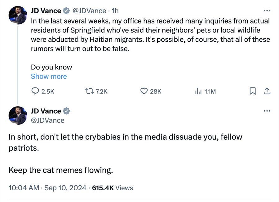 Image of tweets by JD Vance spreading false rumors about Haitian immigrants to the United States in an effort to stoke mob violence.