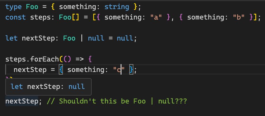 TypeScript code:

type Foo = { something: string };
const steps: Foo[] = [{ something: "a" }, { something: "b" }];

let nextStep: Foo | null = null;

steps.forEach(() => {
  nextStep = { something: "c" };
});

nextStep; // Shouldn't this be Foo | null???