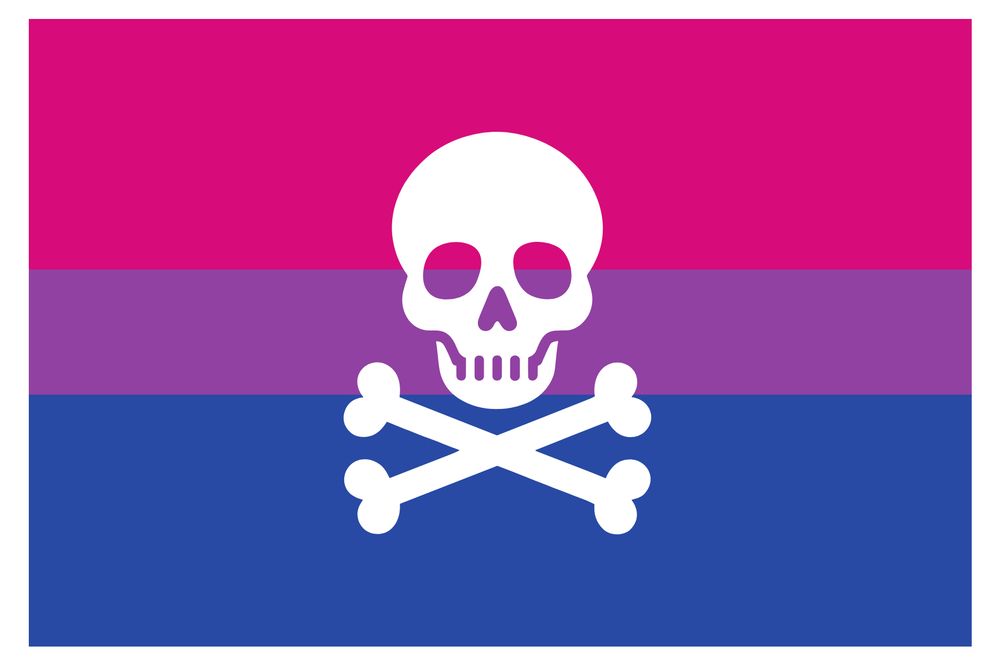 A white skull and crossbones on top of a bisexual flag