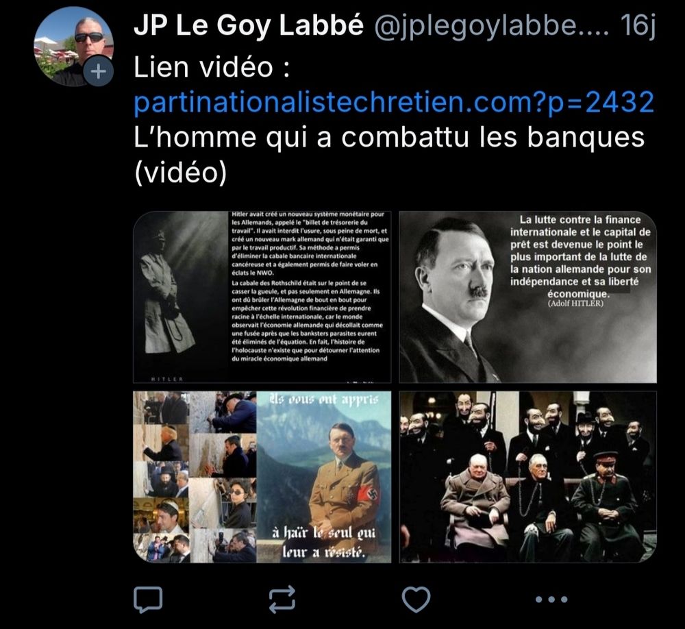Screenshot d'un post de la 1e personne citée, faisant la promotion d'une vidéo apologiste du IIIe Reich et définissant Adolf Hitler comme "Un homme qui a combattu les banques".