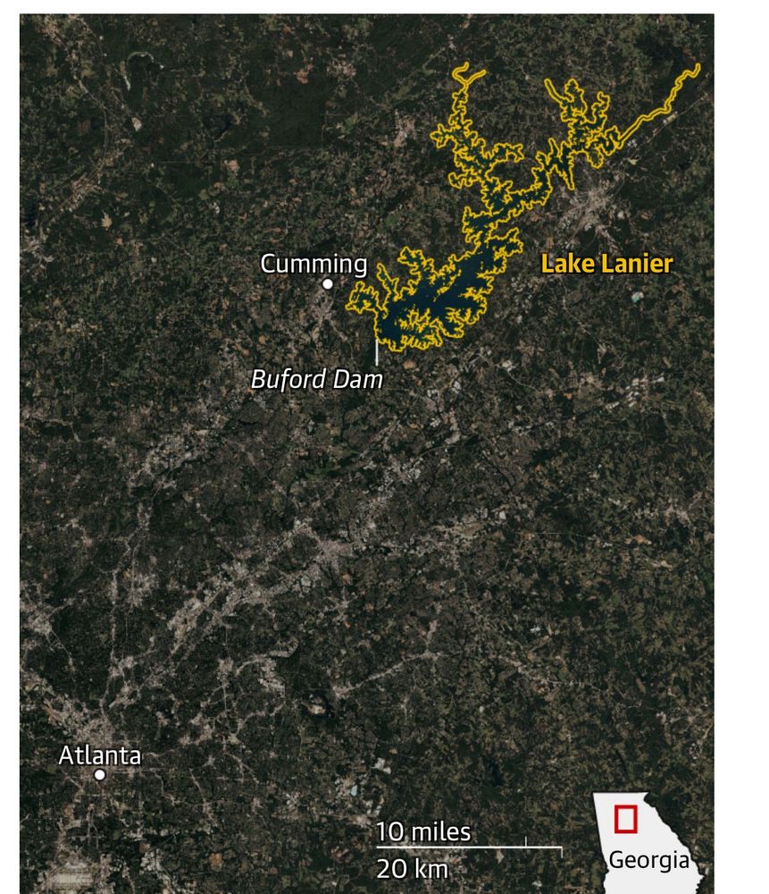 A map of Lake Lanier showing the locations of Atlanta and Cumming 