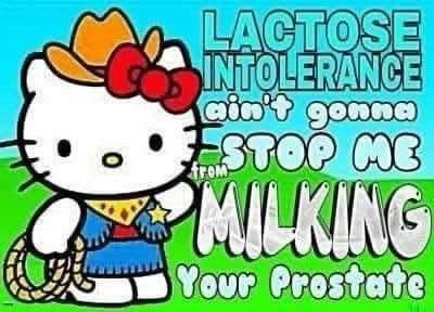 Hello Kitty in a cow girl costume with the caption “lactose intolerance ain’t gonna stop me from MILKING your prostate 