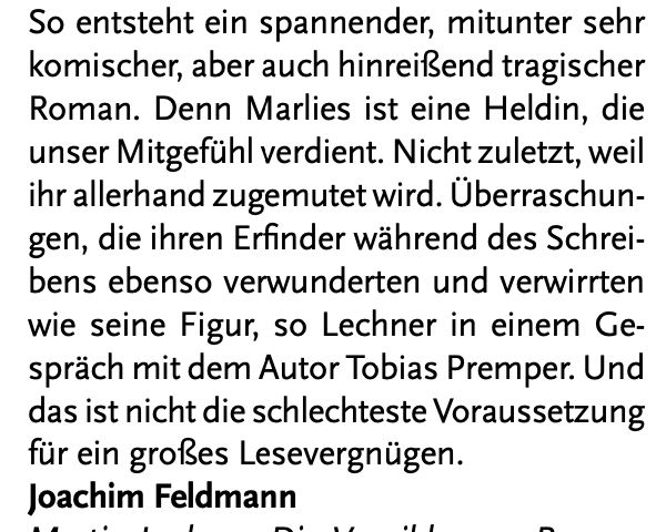 Ausschnitt aus Joachim Feldmanns Besprechung meines Romans "Die Verwilderung" in der Literaturzeitschrift Am Erker 