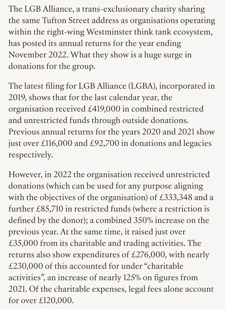 The LGB Alliance, a trans-exclusionary charity sharing the same Tufton Street address as organisations operating within the right-wing Westminster think tank ecosystem, has posted its annual returns for the year ending November 2022. What they show is a huge surge in donations for the group. 
The latest filing for LGB Alliance (LGBA), incorporated in 2019, shows that for the last calendar year, the organisation received £419,000 in combined restricted and unrestricted funds through outside donations. Previous annual returns for the years 2020 and 2021 show just over £116,000 and £92,700 in donations and legacies respectively. 
However, in 2022 the organisation received unrestricted donations (which can be used for any purpose aligning with the objectives of the organisation) of £333,348 and a further £85,710 in restricted funds (where a restriction is defined by the donor); a combined 350% increase on the previous year. At the same time, it raised just over £35,000 from its charitable and trading activities. The returns also show expenditures of £276,000, with nearly £230,000 of this accounted for under “charitable activities”, an increase of nearly 125% on figures from 2021. Of the charitable expenses, legal fees alone account for over £120,000.
