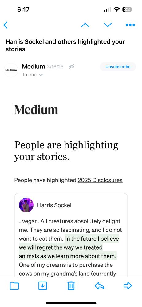 An email notification from Medium telling me Harris Sockel has highlighted a line from one of my stories