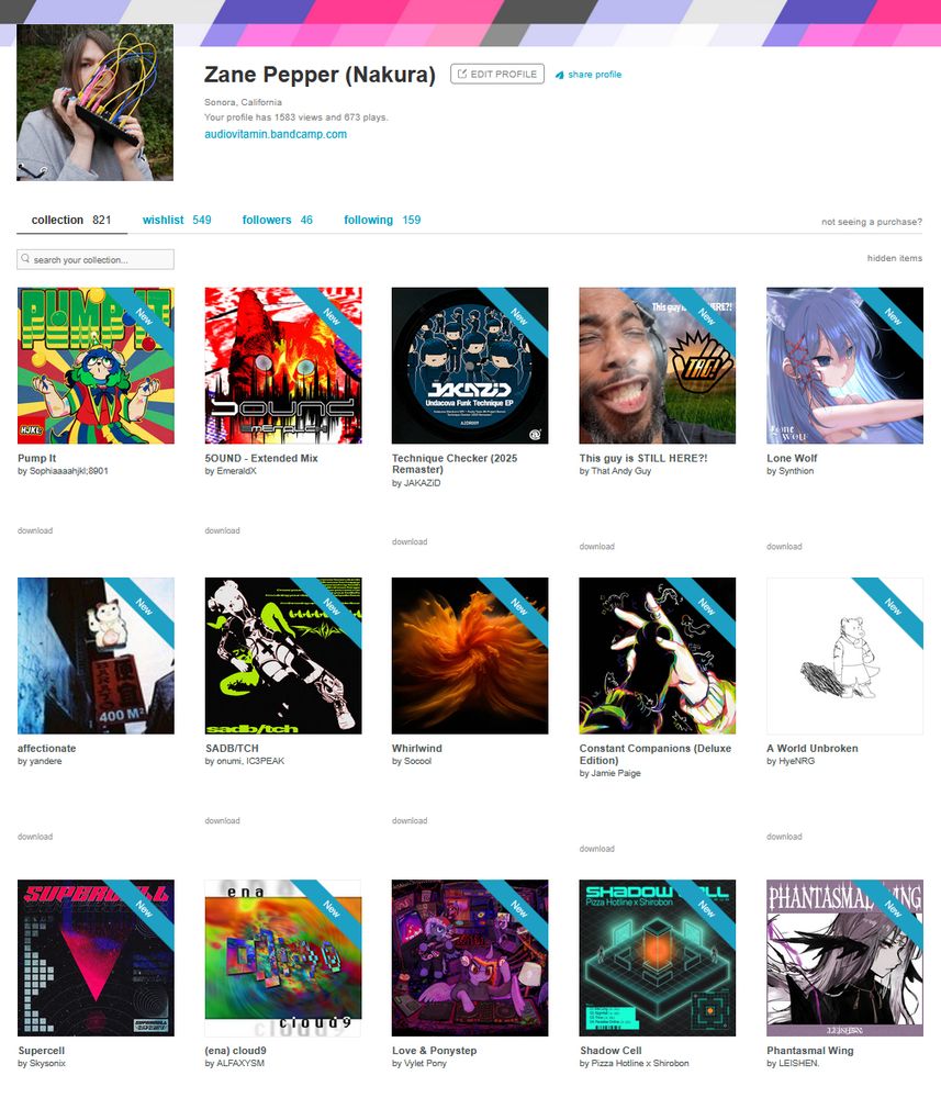 A screenshot of my Bandcamp fan page showing all the releases that I bought on Bandcamp Friday.