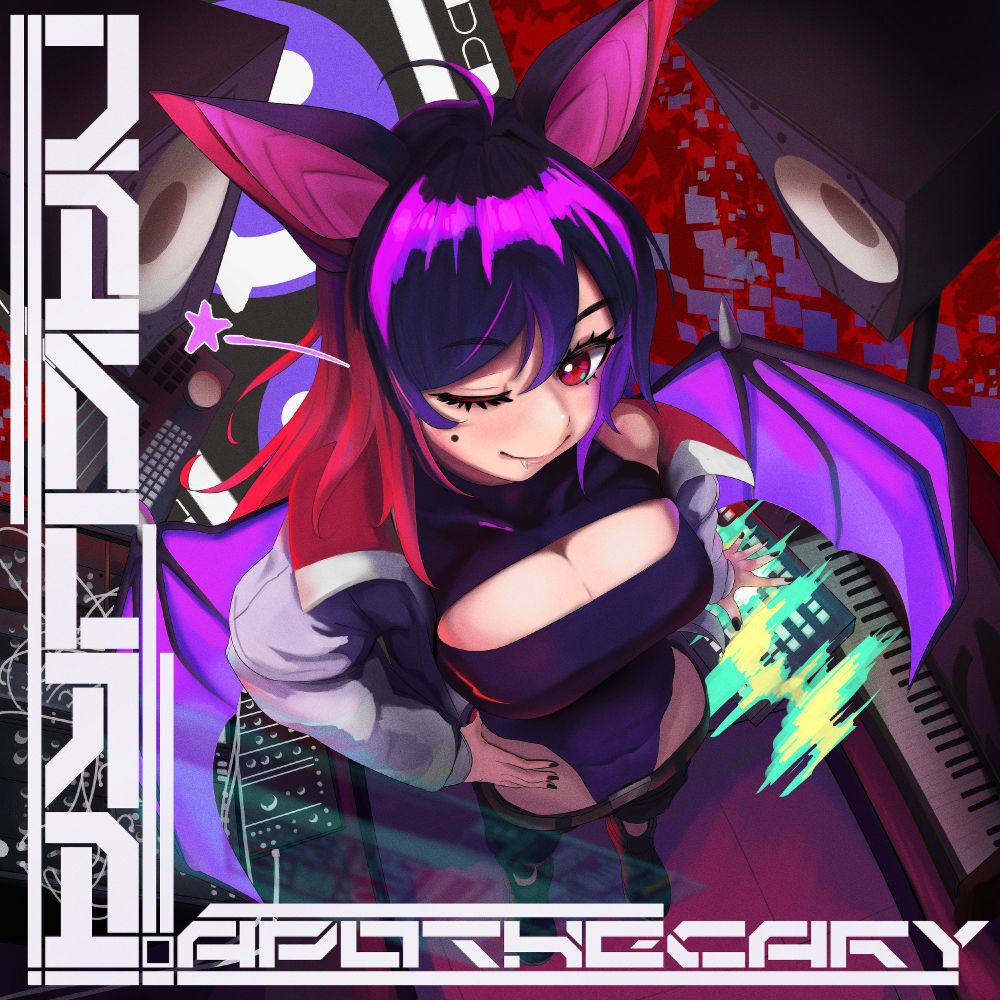 The cover art of my Apothecary EP. The artwork is of a kemonomimi bat girl in cyberpunk style clothing standing in the middle, she is winking at the viewer. Around her are various pieces of music equipment. Along the left side is heavily stylized text going top to bottom that reads "Nakura". Along the bottom is heavily stylized text that reads "Apothecary".