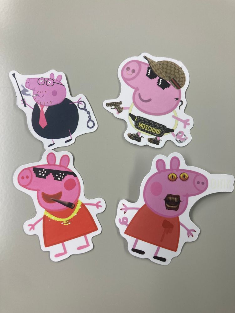 Four incorrect stickers of children's character Peppa Pig. Top left has a lightly mustached Peppa in black framed glasses and a business suit, smoking a cigarette, holding a whip in one hand and handcuffs in the other. Top right is Peppa dressed as meme Scumbag Steve with a Moschino fanny pack, a rhinestone-encrusted gun in one hand, and a pierced tail, bottom left is Peppa wearing sunglasses, smoking a joint, and wearing a gold chain necklace, and bottom left is a truly terrifying Peppa with demon eyes, sharp teeth, and a bleeding heart. 

Totally kid friendly, am I right? (sarcasm)