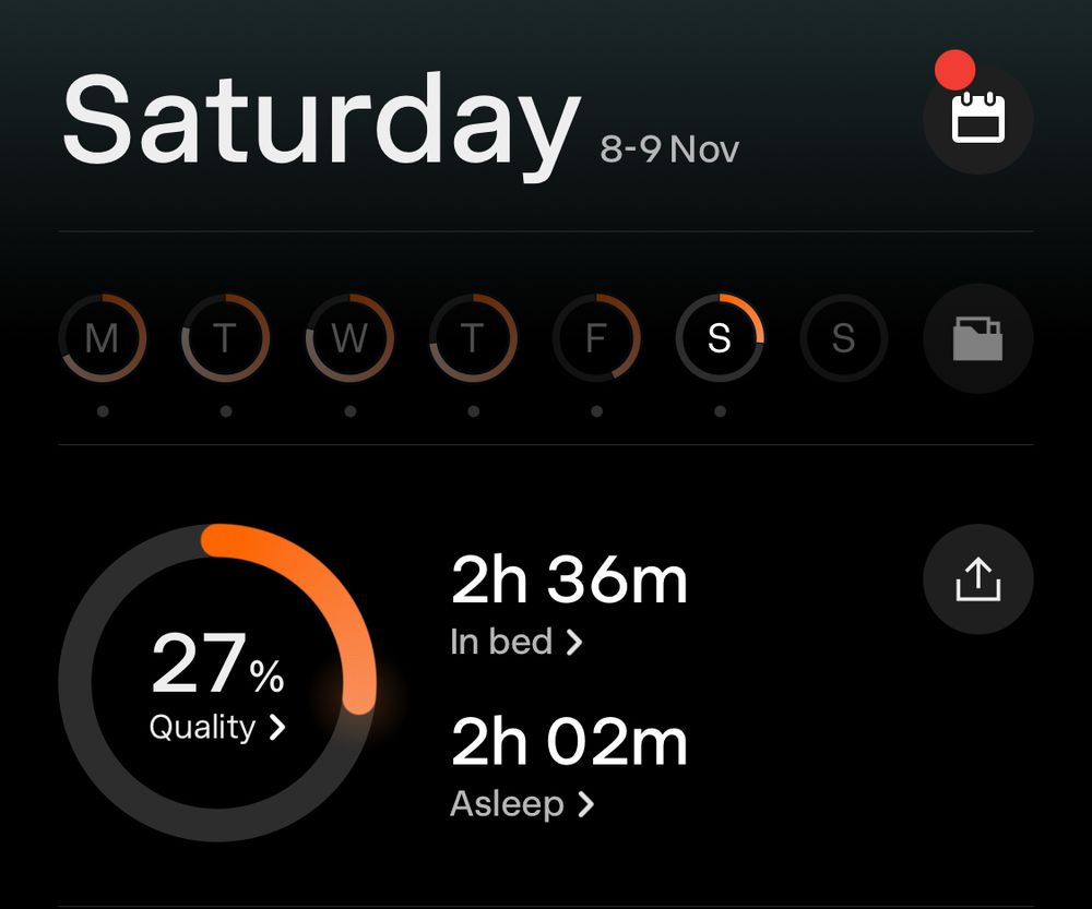 Saturday SNov
M
W
F
S
27%
Quality >
2h 36m
In bed ›
2h 02m