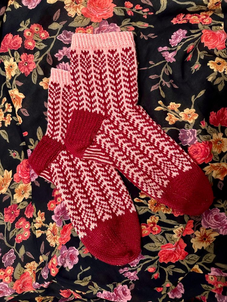 Hand-knit socks on a colorful floral background. The socks are dark red and pink, and feature a vertical vine pattern.