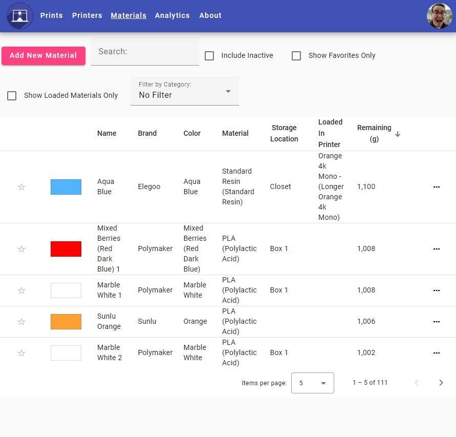 A screenshot of 3dprintlog.com, showing a list of all the active spools of filament. The pagination settings at the bottom show 1-5 of 111 spools. 