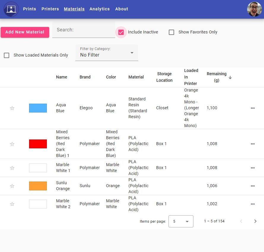 A screenshot of 3dprintlog.com, showing a list of all the active and inactive spools of filament. The pagination settings at the bottom show 1-5 of 154 spools. 