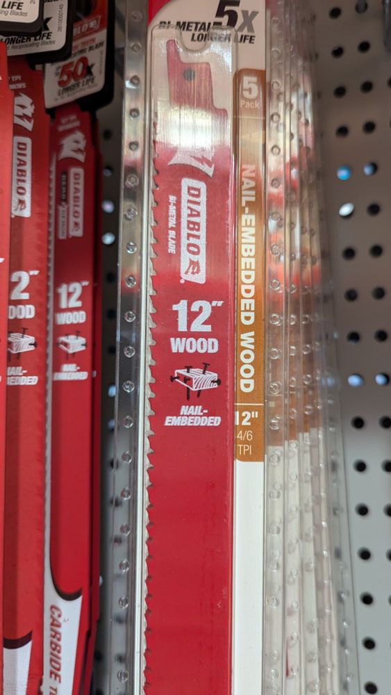 A blade for a reciprocating saw labelled "12 inch wood"