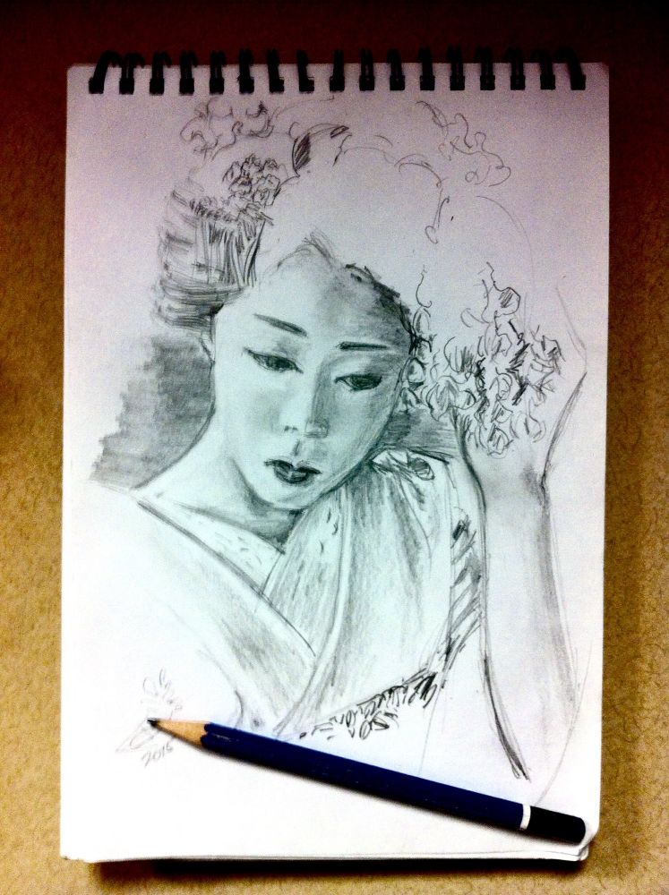 Pencil sketch of apprentice geisha (maiko)
