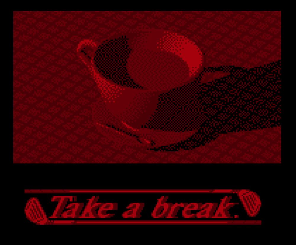 Image of a coffee cup with the message "Take a break." underneath, flanked by golf clubs.