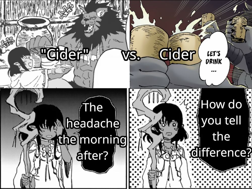 An image of 4 panels from the Death Mage manga, Upper right, upper left, lower right, and lower left.

the upper right image has a number of ghoul males holing up cups, and toasting each other with a speech bubble that reads "Let's drink", the upper left image has Vigaro, and Zadiris sharing a drink, with a caption across the images that reads: "Cider" vs Cider

The bottom right panel has someone speaking to Zadiris from off screen, Zadiris has a surprised expression, and the speech bubble reads "[How do you tell the difference?]"

The bottom left panel has Zadiris holding a hand to her head and replying "[The headache the morning after?]"

Braga, Photobomber Extraordinaire, location hint:
what's your cup size? a pint? a quart?
