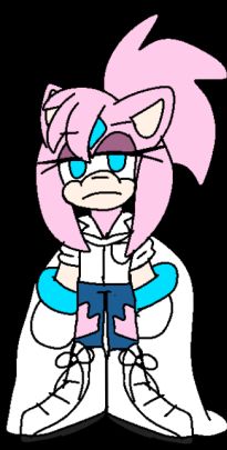 A miniature version of Amy Rose with her quills in a ponytail, blue eyes, a blue gem in her head, blue bracelets, white gloves, a white button-up shirt with rolled-up sleeves, a white cape, torn blue jeans, and white boots with black bottoms and laces.