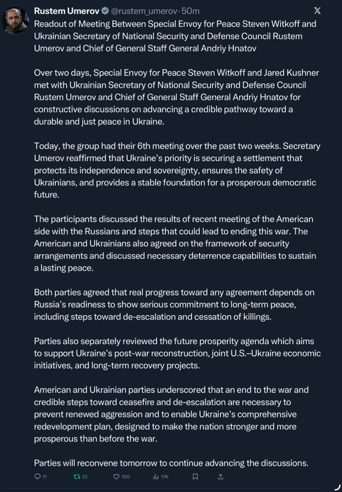 Rustem Umerov’s readout of meetings with Witkoff and Kushner. fwiw