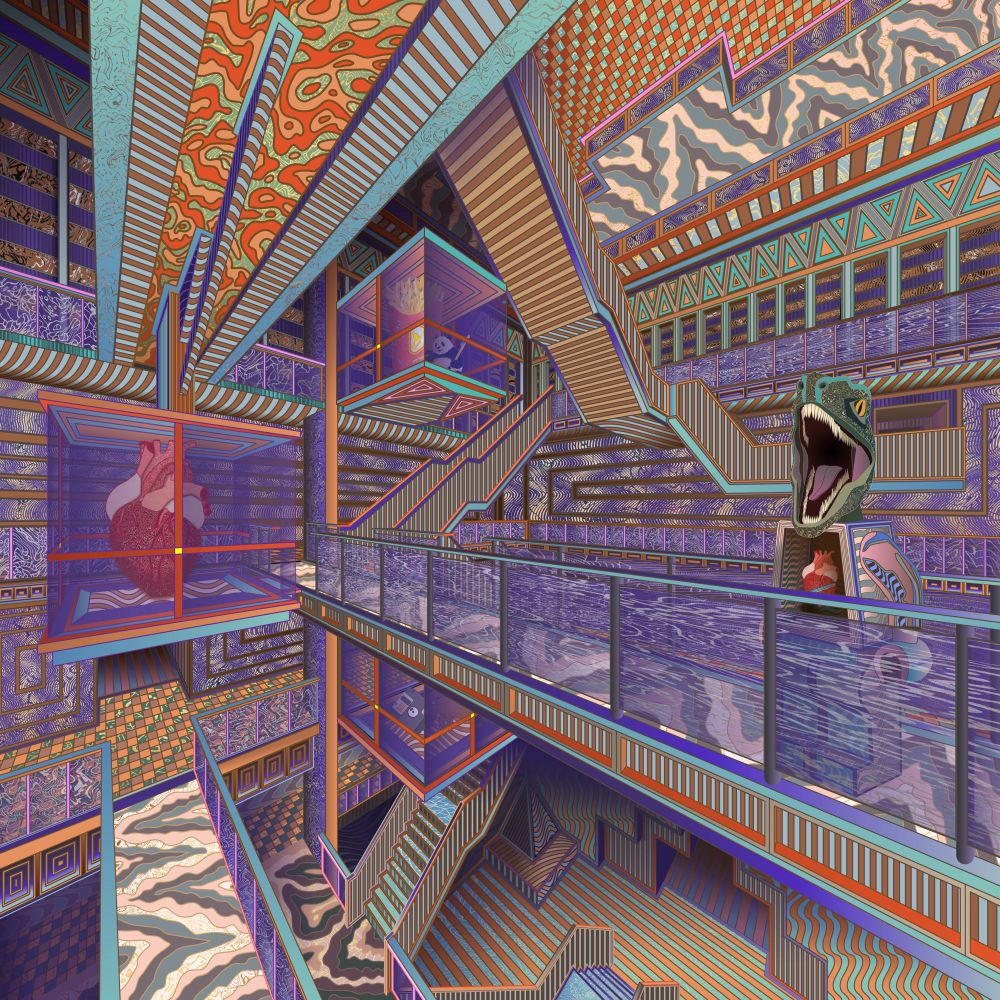 surreal digital illustration of a large multi level room with color textures. on the right is a figure with a dinosaur head and a Lego body 